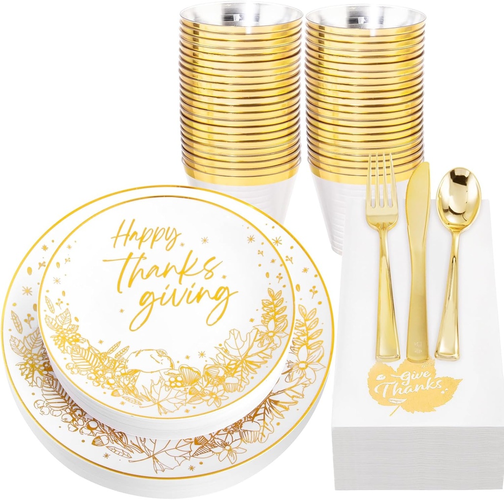 Hioasis 175pcs Thanksgiving Plastic Plates - Elegant Disposable Dinnerware Set Suitable for 25 Guests Include 10.25" Dinner & 7.5" Dessert Plates, Knives,Forks,Spoons, Cups,Napkins for Thanksgiving