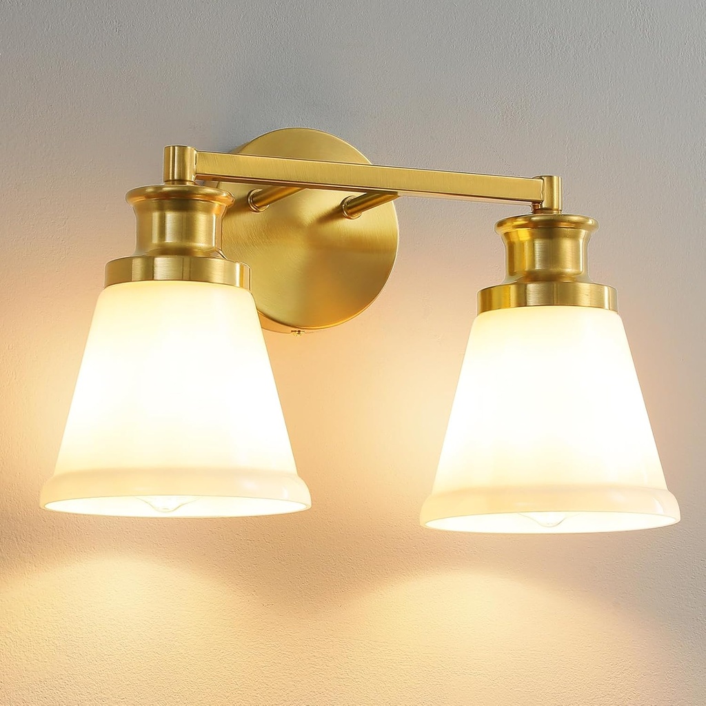 Bathroom Vanity Light Fixtures, 2-Light Brushed Gold Bathroom Lighting Fixtures Over Mirror with Milky White Glass Shade, Modern Vanity Lights for Bath, E26 Wall Sconce