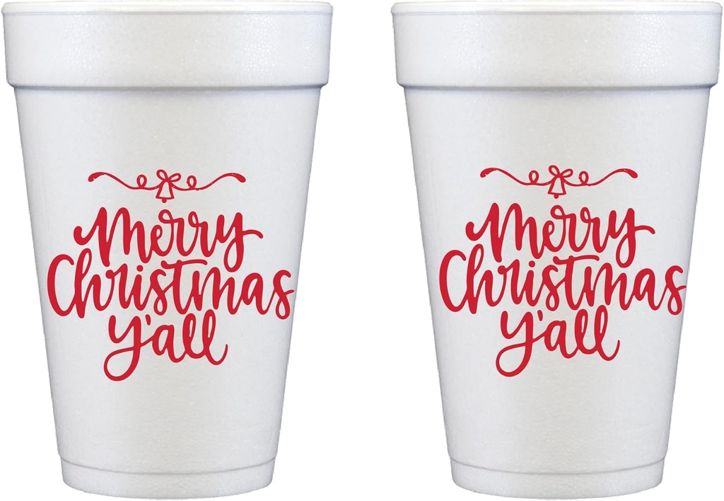 Christmas Disposable Cups 10 Pack (Merry Christmas Y'all) Party Cups 16 oz. - Foam Cute Cup Set for Party, Decorations, Tableware - Party Supply Drinkware for Beverage/Snacks