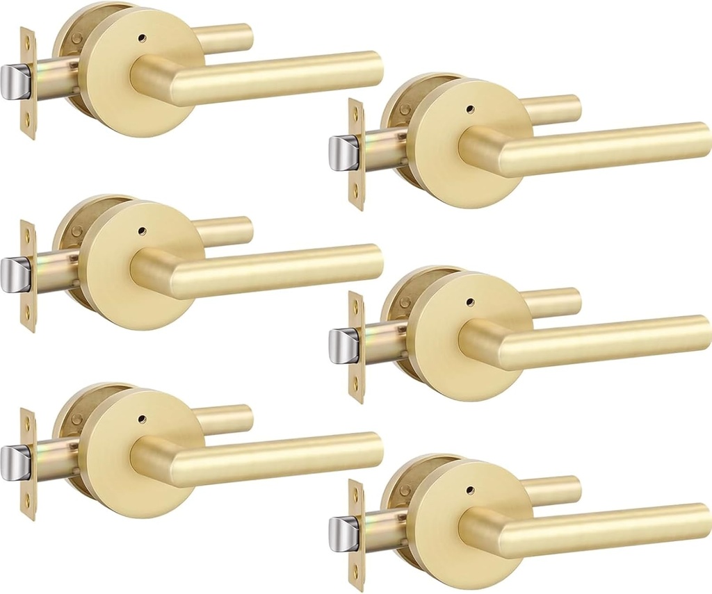 goldenwarm Gold Door Handles Interior, Privacy Brushed Brass Interior Door Handles, Heavy Duty Zinc Alloy Brushed Gold Door Lever for Bedroom and Bathroom (6 Pack)
