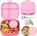 Bento Lunch Box for Kids with 12oz Soup Thermo,4 Compartments Lunch Box Containers Kids, Includes Foldable Spoon &Sauce Jar, BPA Free&Leak proof,Insulated Food Jar for Travel,School (Pink)