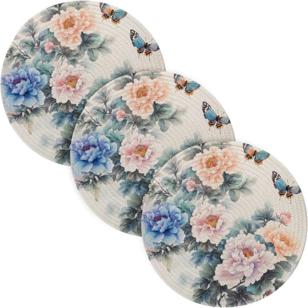 Fall Flowers Peonies White Ink Wash Painting 3 Pcs Microwave Trivet for Crock Pot 15in Heat Resistant Hot Pads Protecting Table