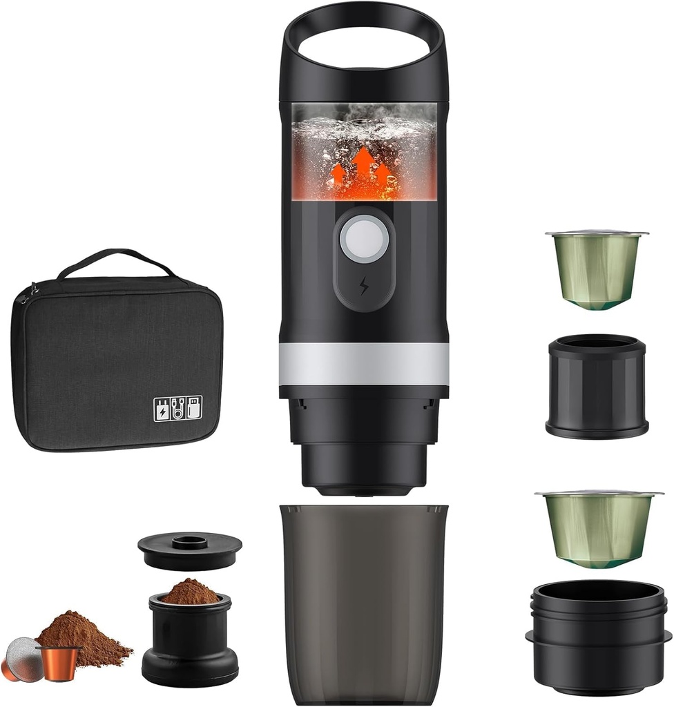 FUNYKICH Portable Electric Espresso Machine with Outdoor Carrying Bag, Travel Car Coffee Maker for Camping, Self-Heating with USB-C, Compatible for Capsule(NS&DG) & Ground Coffee for RV, Hiking,Office