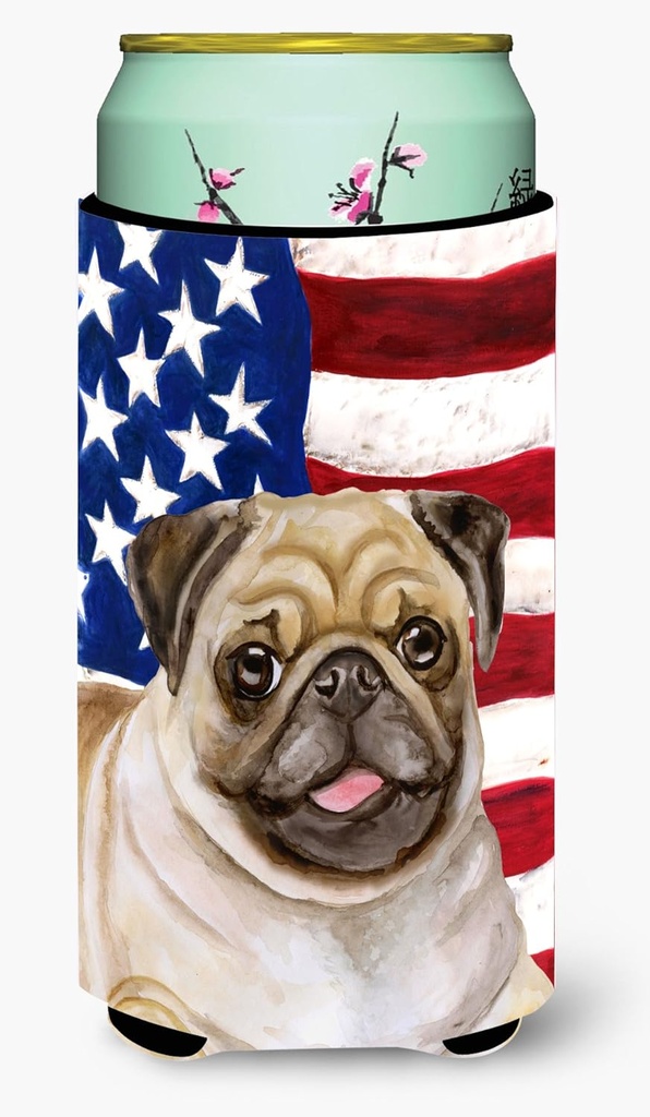 Caroline's Treasures BB9718TBC Fawn Pug Patriotic Tall Boy Hugger Can Cooler Sleeve Hugger Machine Washable Drink Sleeve Hugger Collapsible Insulator Beverage Insulated Holder