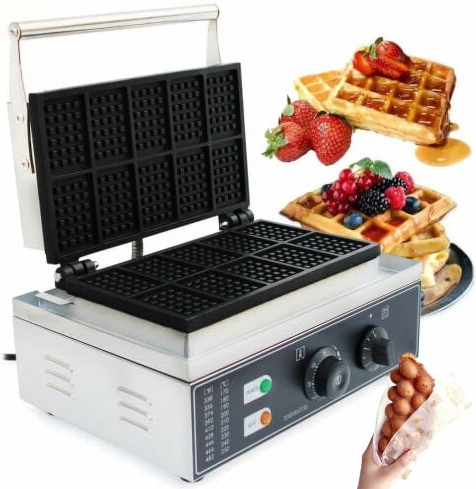 1550 W Commercial Waffle Maker, 10 Grids Electric Waffles Maker, 180° Rotating, 50-300℃ Adjustable Temperature Control, Nonstick Waffle Machine for Restaurant, for for Desserts and Savoury Snacks