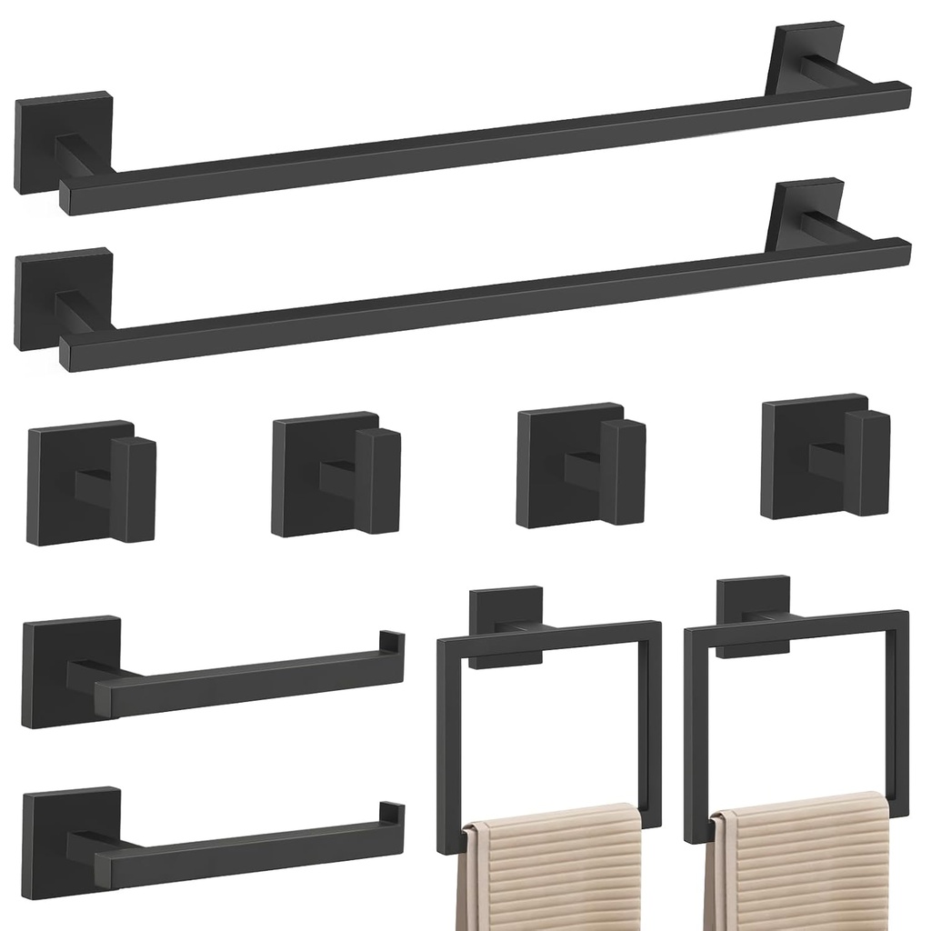 YACVCL Matte Black Towel Bar Set 10-Piece Bathroom Hardware Accessories Set,Black Bathroom Towel Holder Set 23.6 Inch Towel Bar Stainless Steel Wall Mounted Towel Rack Set