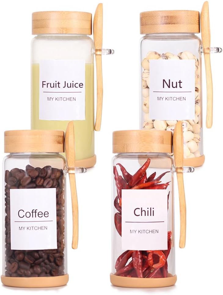 SAIOOL 4 Pack Glass Storage Containers with Bamboo Lids and Spoon,Overnight Oats Containers with Lids,with Anti Slip Silicone Base,Seasoning Organizer,Spice Jars (Bamboo 11.8OZ*4)