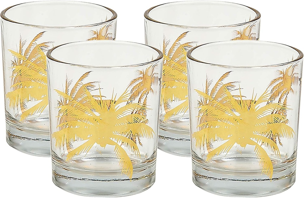 IMPULSE! Palm Tree Gold Rocks Drinking Glasses, Set of 4 - Miami Vice Vintage Collection: Experience Retro Glamour in Every Sip. Perfect for Cocktails, Bourbon, Whiskey, Scotch, and Mixed Drinks!