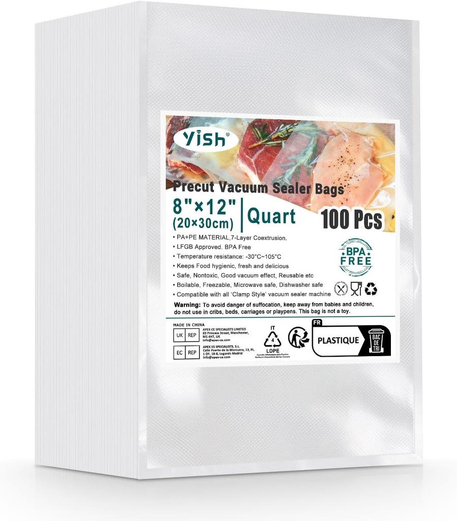 Vacuum Sealer Bags 100 Quart 8"×12" Precut Bags for Food Saver, Commercial Grade, BPA Free, Heavy Duty Food Sealing Bags for Storage, Meal Prep, Sous Vide