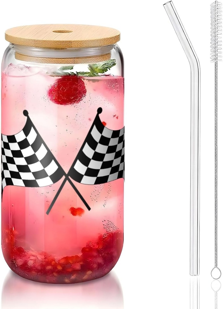 Checkered Flags Race Car Flag 16 Oz Drinking Glasses With Bamboo Lids,Glass Straw And Cleaning Brushes Glass Tea Cup For Iced Coffee,Smoothie,Cocktail,Beer,Whiskey,Soda,Matcha