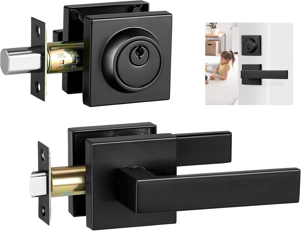 Front Door Lock Set Exterior Door Lock Set, Black Door Handle with Deadbolt, Heavy Duty Square Door Knob with Lock for Front Door(Matte Black,1Pack Set)