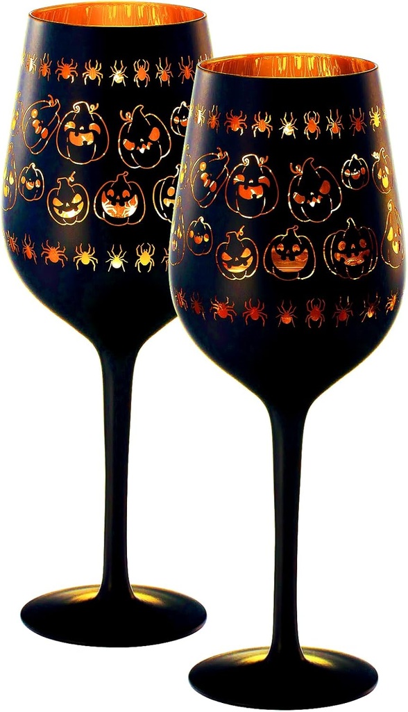 Crystal Stemmed Spooky Wine Glasses Set of 2 Frosted Black and Gold Ghost Pattern Goblets for Gothic Parties Pumpkin Décor Seasonal Entertaining and Unique Gifts for Him or Her 16oz
