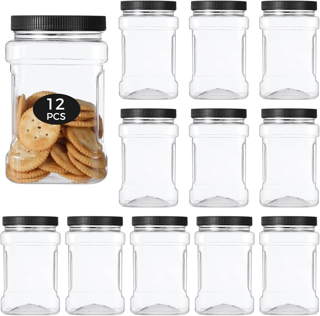 12 PCS Plastic Storage Jars with Lids, 27 Oz Square Plastic Jars Containers with Lids, Storage Containers with Easy Grip Handles, for Cookies Candy and More