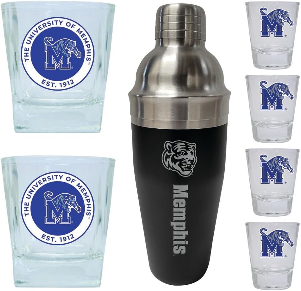 R and R Imports Memphis Tigers Officially Licensed Collegiate Barware Set – 7-Piece Cocktail & Whiskey Glass Gift Pack