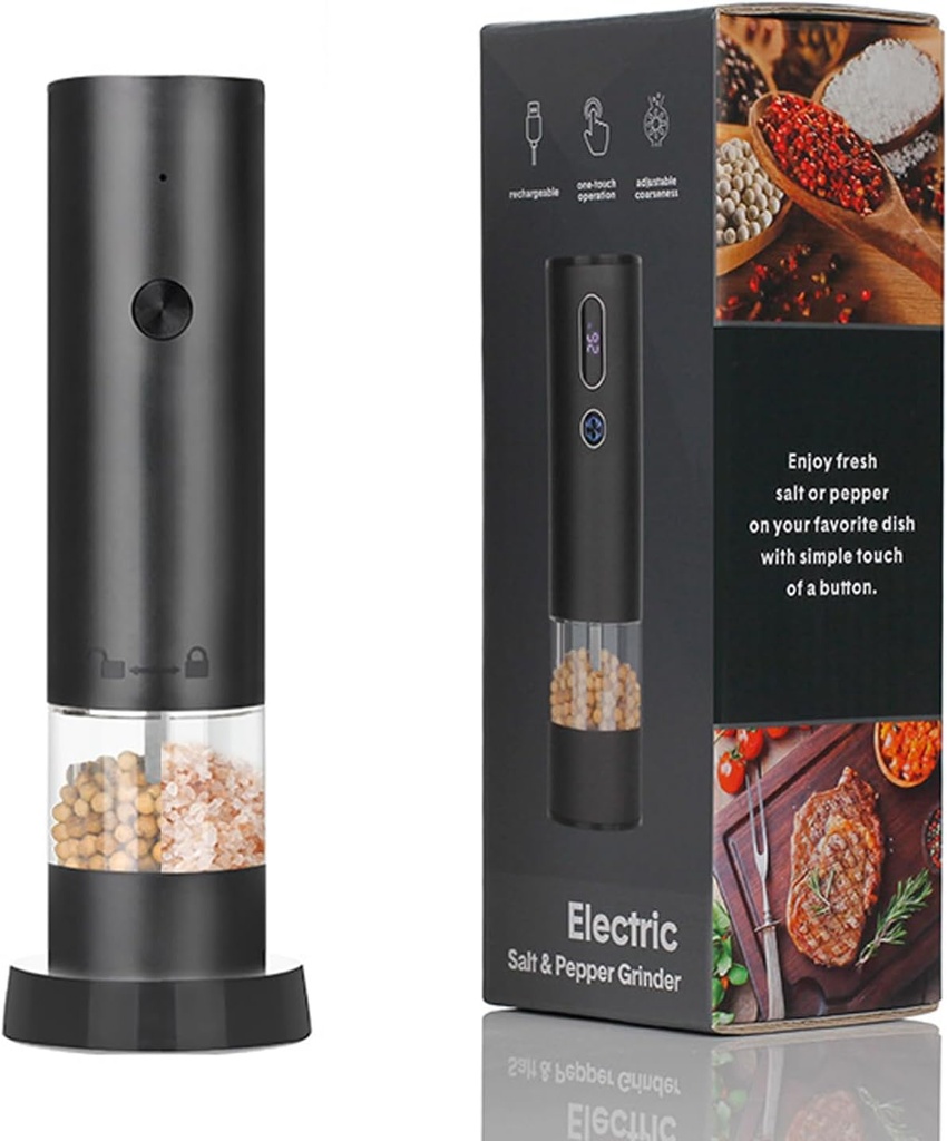 Automatic Electric Salt and Pepper Grinder Set - Adjustable Coarseness, USB-C Rechargeable, One-Handed Operation, Black (Aluminum Alloy + Stainless Steel)