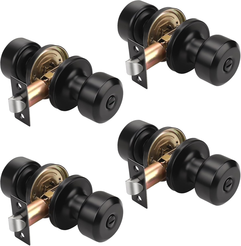 KNOBWELL 4 Pack Privacy Door Knob with Lock, Bedroom/Bathroom Door Knob, Matte Black Interior Door Knobs, Keyless Stainless Steel Door Handle, Black Round Doorknobs