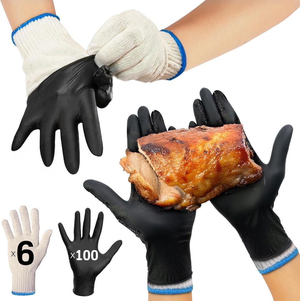 Raxwell BBQ Gloves - 6 Cotton Liners & 100 Black Nitrile Grill Gloves - Food Grade, Non-Slip, Heat Resistant for Barbecue, Cooking & Smoking - BBQ & Grilling Accessories - Large