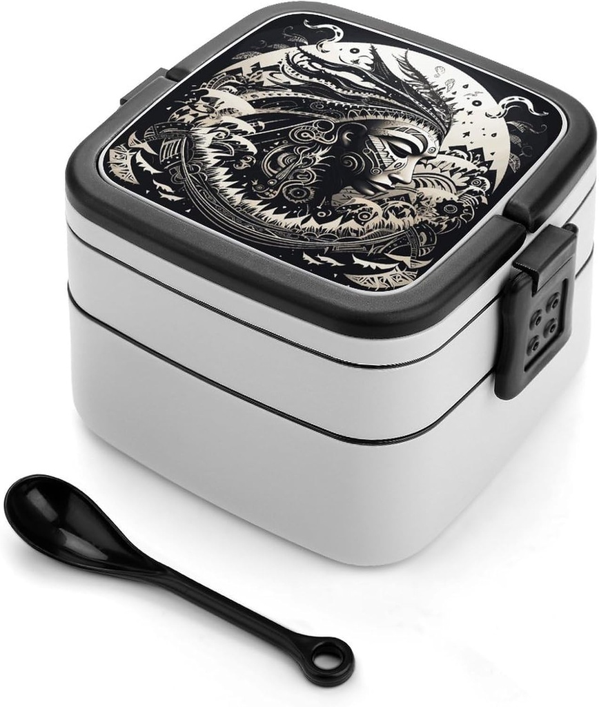 White And Black Tribal Illustration Bento Box with Spoon, 2-layer Stackable Lunch Box Leak Proof with Invisible Handle, Insulated Food Storage for Office, Picnic & Travel