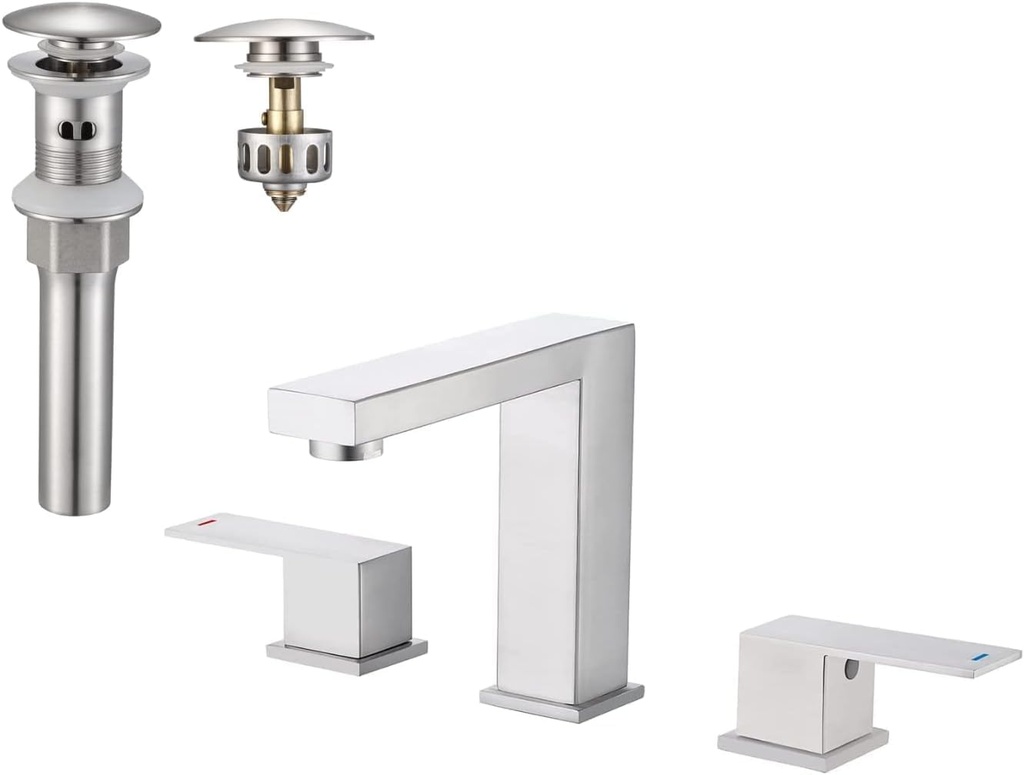 KES Bathroom Faucet 3 Hole Vanity Faucet Supply Hose Included Bathroom Sink Drain with Strainer Basket Hair Catcher, L4350LF-BS-KES+S2013A-BN-NEW