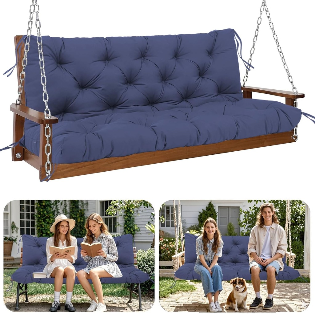 Extra Thick 5" Waterproof Porch Swing Cushions Outdoor 60 inch Swing Cushions 3 Seater Replacement with Backrest and Ties for Outdoor Furniture Patio Bench Garden(Navy Blue)