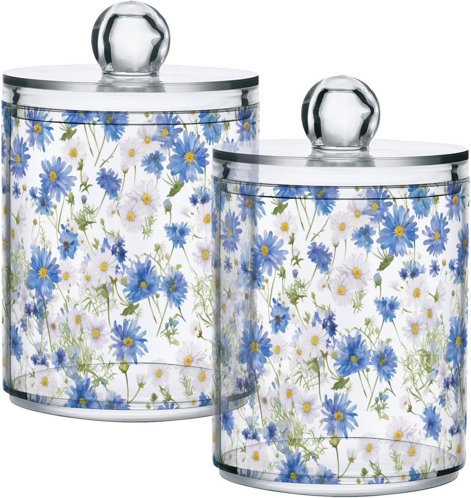 Acrylic Plastic Clear Jar with Lid, Watercolor Blue White Daisy Flowers Airtight Storage Jar 2 Pack Kitchen Storage Containers for Cookie Snack Candy