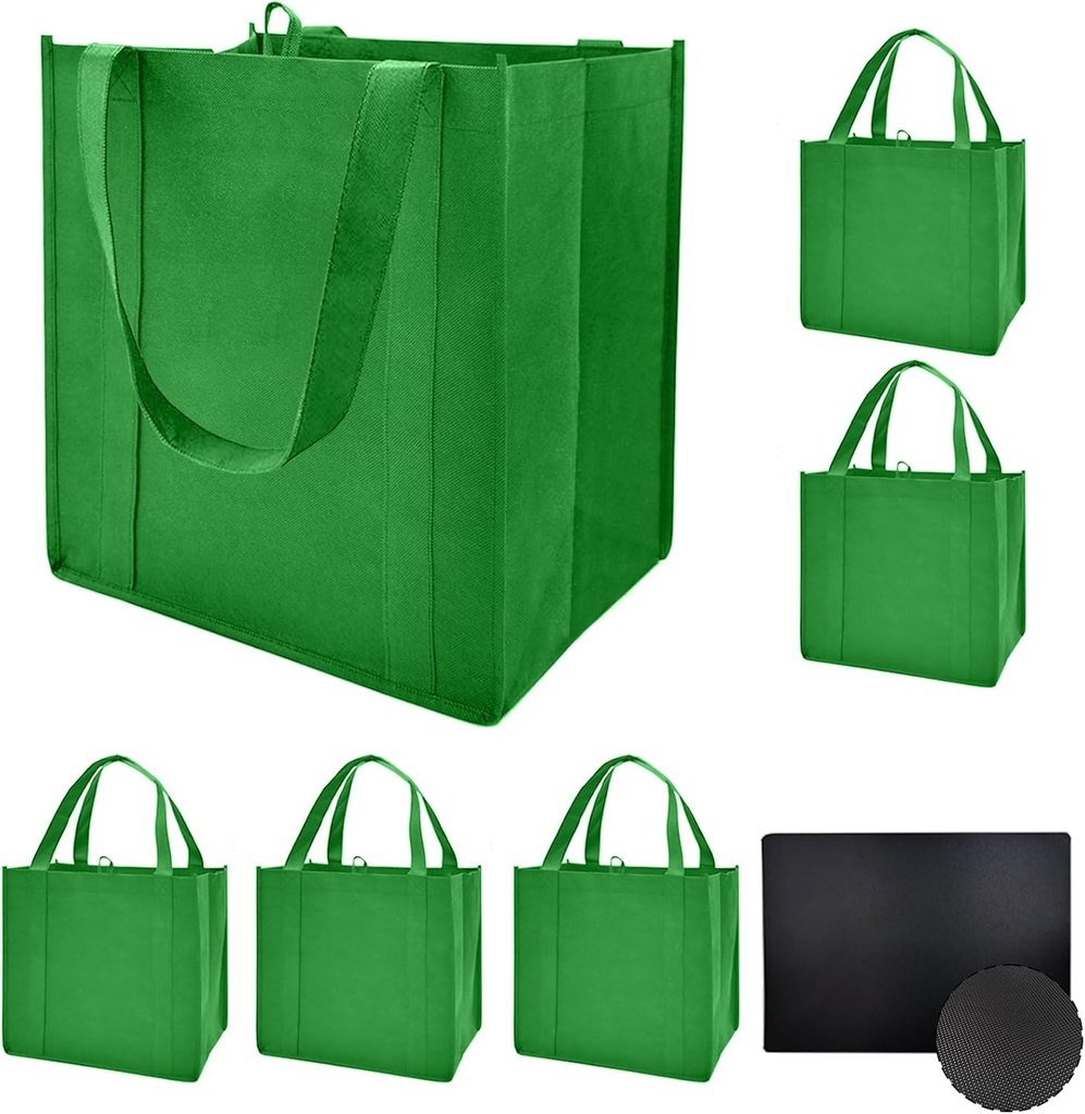 10 or 6 Pack Reusable Reinforced Handle Grocery Bags Heavy Duty Large Shopping Totes Thick Plastic Bottom can hold 45+lbs