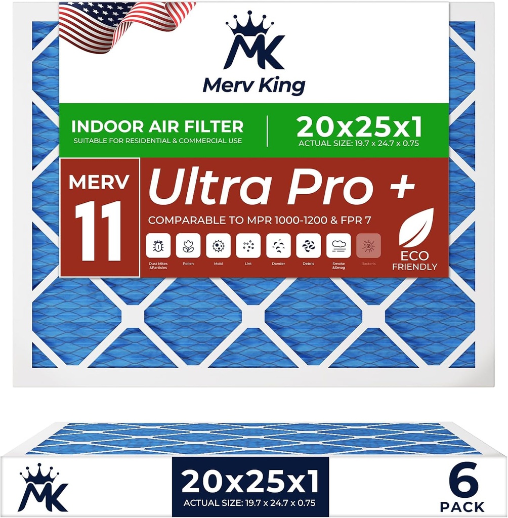 MervKing 20x25x1 Air Filter Actual Size: 19.7" x 24.7" x 0.75" MERV 11 MPR 1000-1200 | MADE IN USA | 6-Pack | Pleated HVAC AC Furnace Replacement