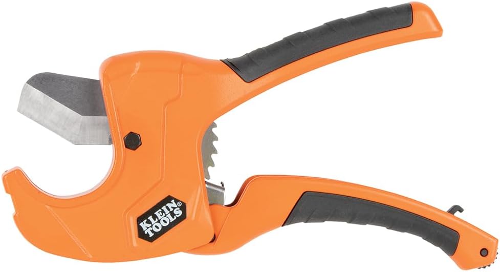 Klein Tools 50063 Ratcheting PVC Pipe Cutter, Cuts 1-1/4-Inch I.D. PVC, CPVC, PEX Pipes, One-Handed Operation, Replaceable Blades