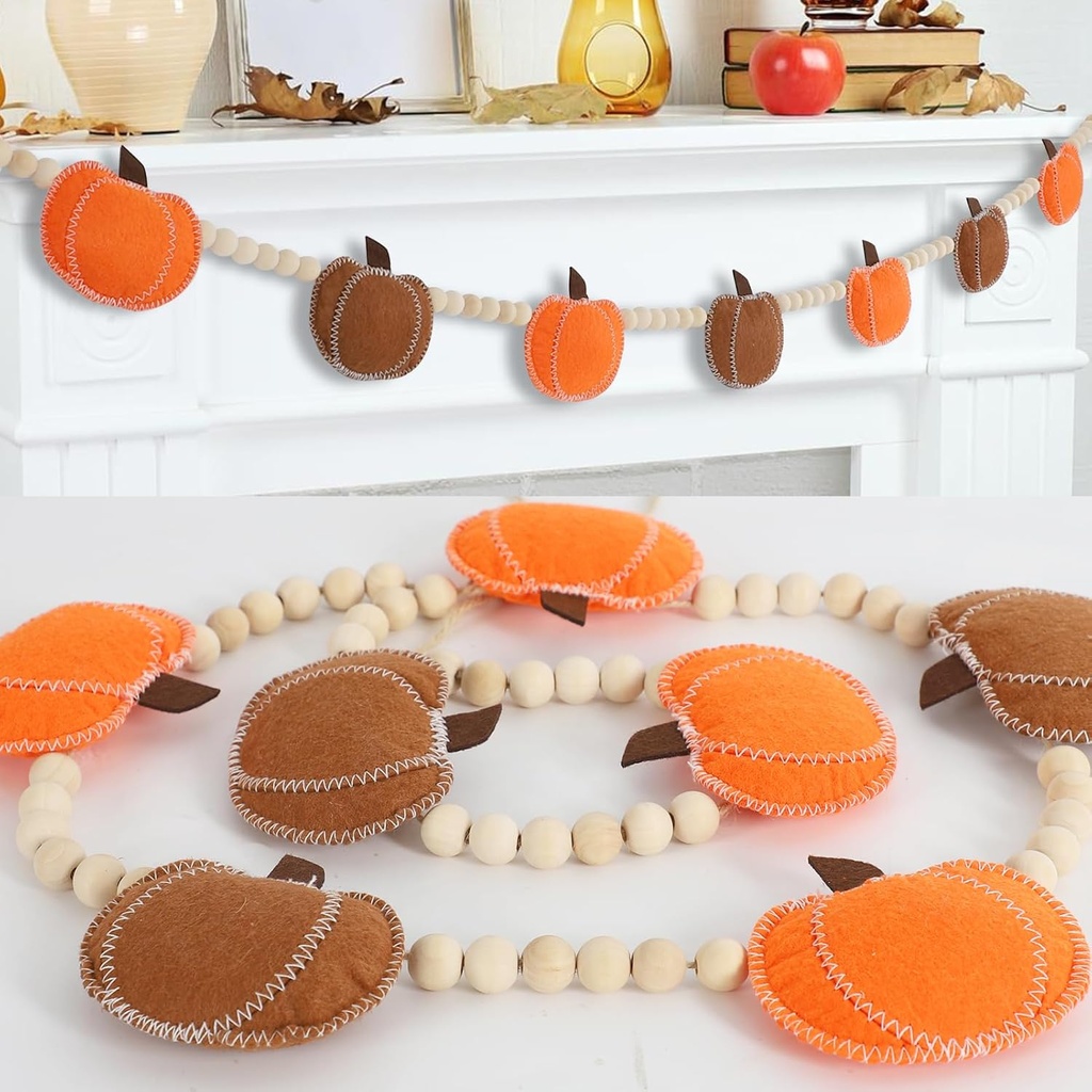DAZONGE Thanksgiving Decorations for Home, Felt Pumpkin Bead Garland for and Wood Bead for Thanksgiving Decor, Fall Banner for Mantle Wall Decor