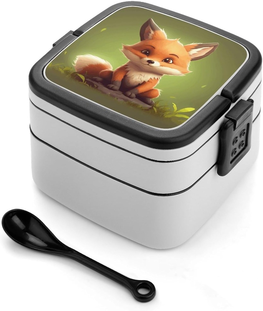 Cute Little Fox Bento Box Double-Layer Bento Lunch Container with Spoon And Invisible Handle Adult Leak-Proof Lunchbox for Dining Out Work Picnics Travel