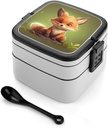 Cute Little Fox Bento Box Double-Layer Bento Lunch Container with Spoon And Invisible Handle Adult Leak-Proof Lunchbox for Dining Out Work Picnics Travel