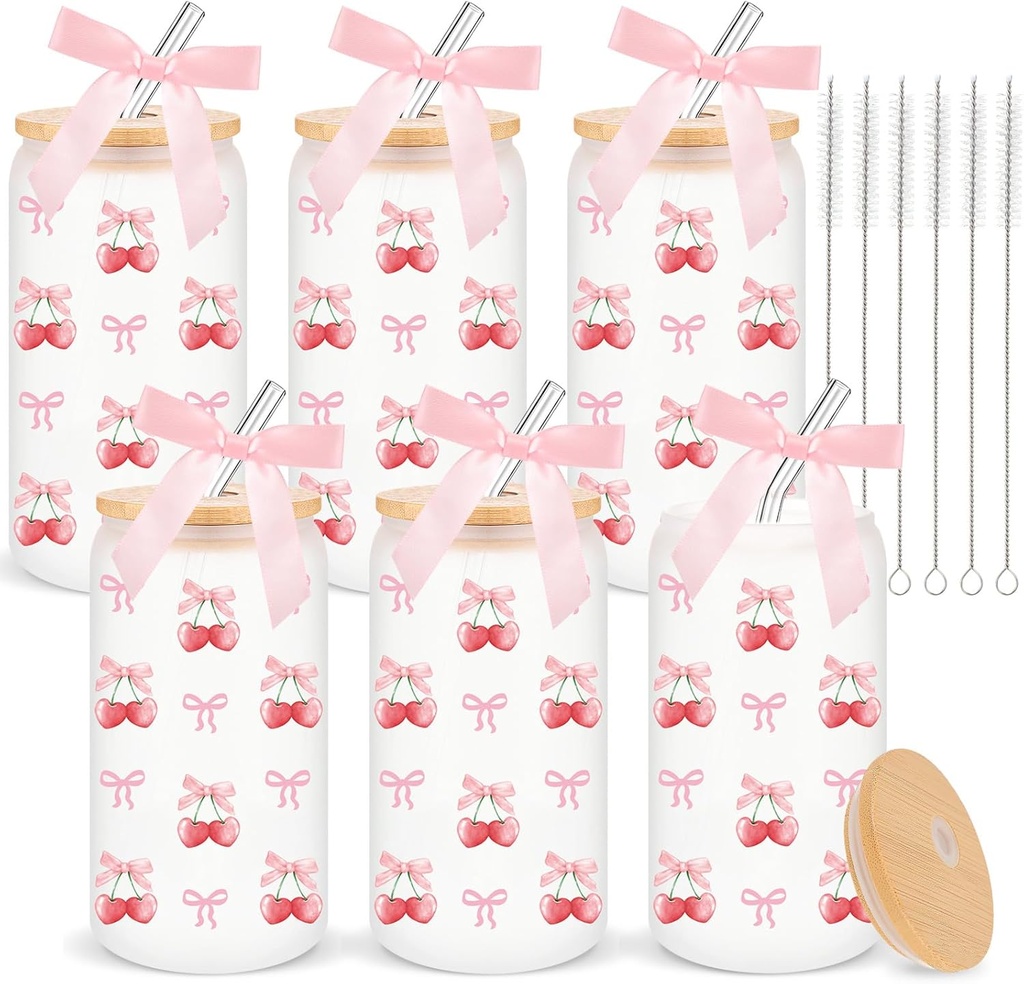 Set of 6 Coquette Aesthetic Bow Glass Cup 16oz Pink Cherries Bows Frosted Cups with Lids and Straws Cute Matcha Cup Iced Coffee Drinking Jars, Birthday Gifts for Women