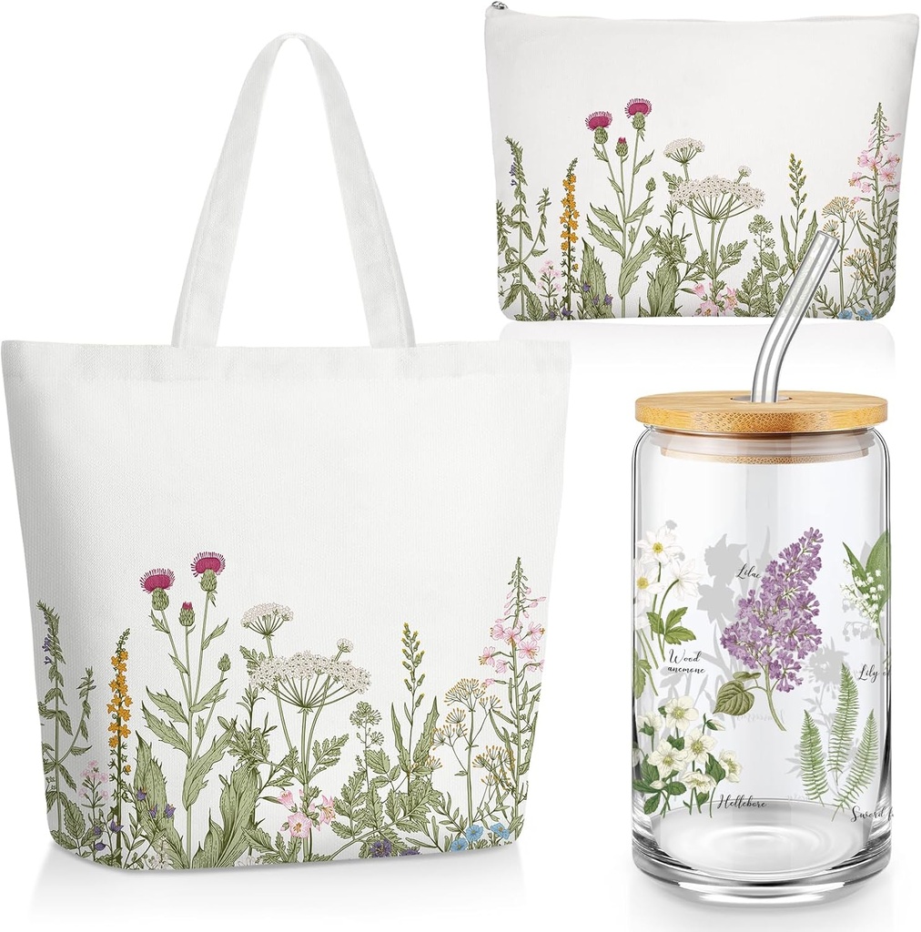 3 Pcs Plant Lover Gifts for Women, Thanksgiving Aesthetic Gifts for Mom, Grandma, Floral Canvas Tote Bag, 16 oz Coffee Cup with Straw Lid, Makeup Bag for Baby Shower, Wedding(White,Flower)