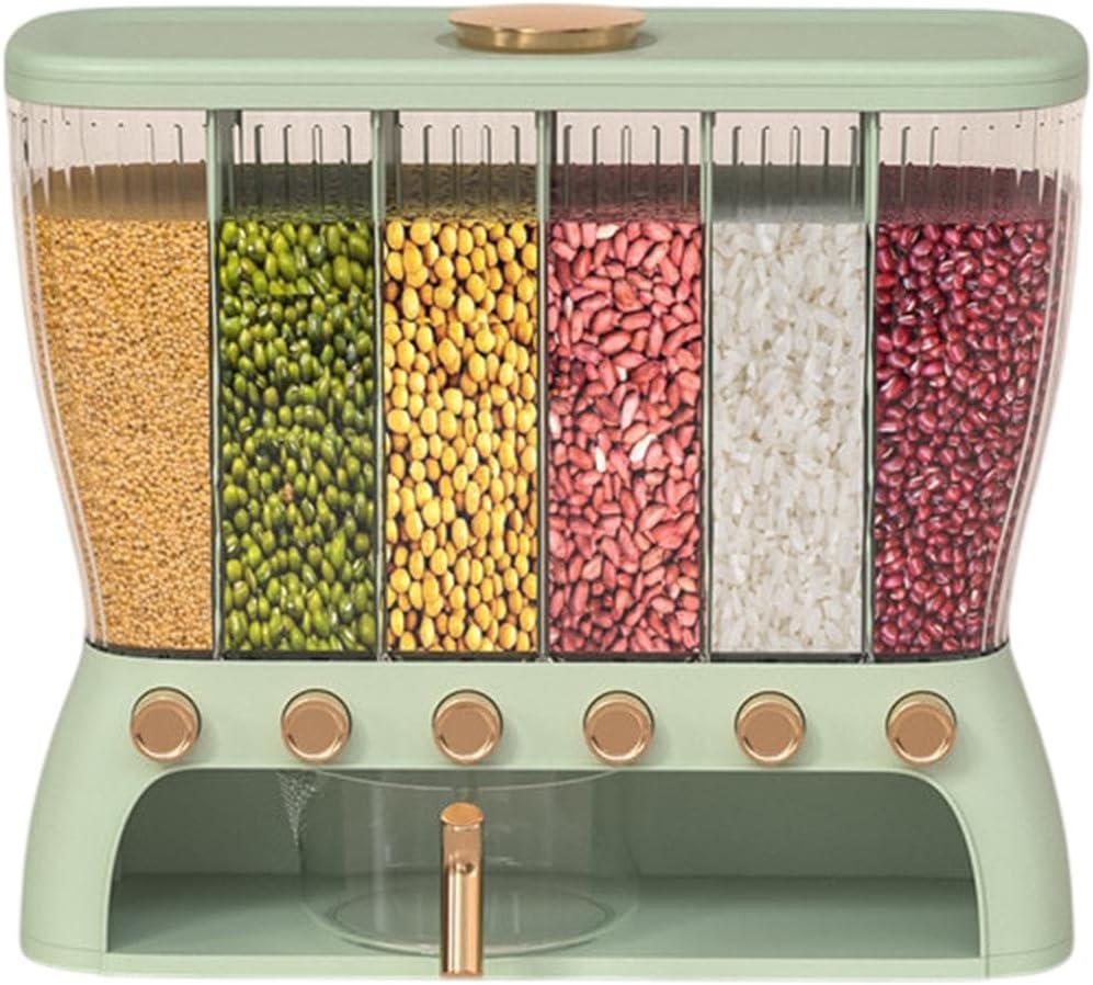 6 Compartment Grain Storage Unit for Kitchen Use Clear Design Airtight Food Dispenser, Green
