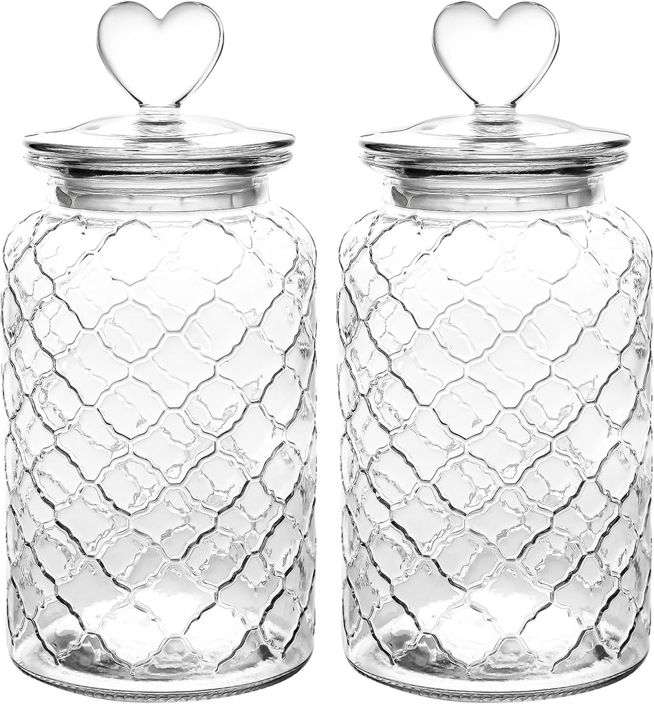 WHJY Set of 2 Airtight Glass Jars, 45oz Jar of Hearts Cute Cookie Jar Decorative Jars with Lids Candy Jars for Candy Buffet Heart Shaped Lid - Grids Textured