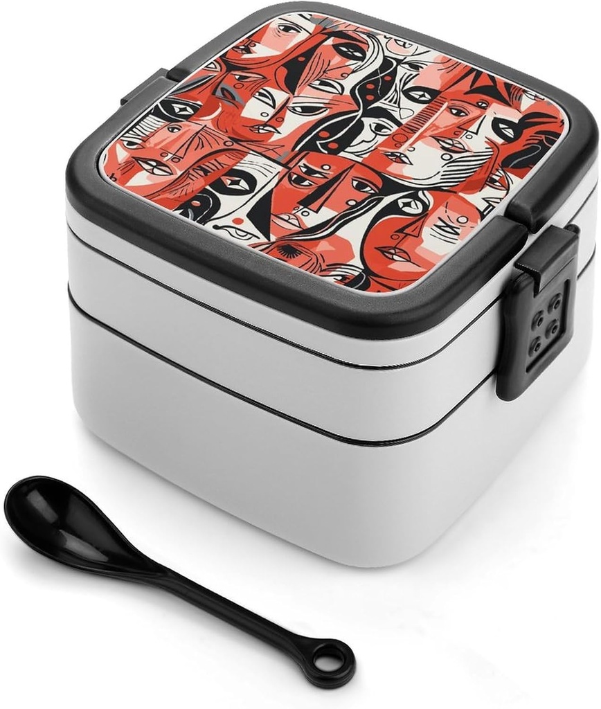 Facial Pattern Bento Box Adult Lunch Box All-in-One Lunch Containers with Removable Compartments Double Layer Bento Lunch Box with Spoon And Handle Stackable Lunchbox