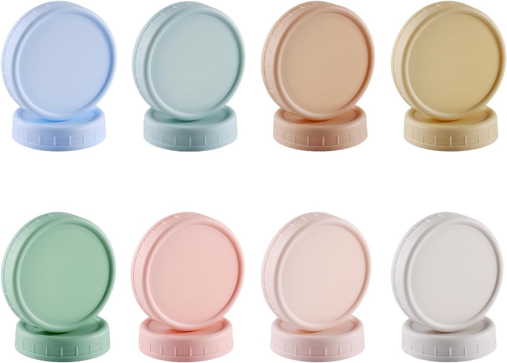 16PCS Colored Plastic Mason Jar Lids With Silicone Rings (8 Wide Mouth & 8 Regular Mouth) for Ball, Kerr and More, Food Grade & Leak-proof, 86mm & 70mm Canning Tops