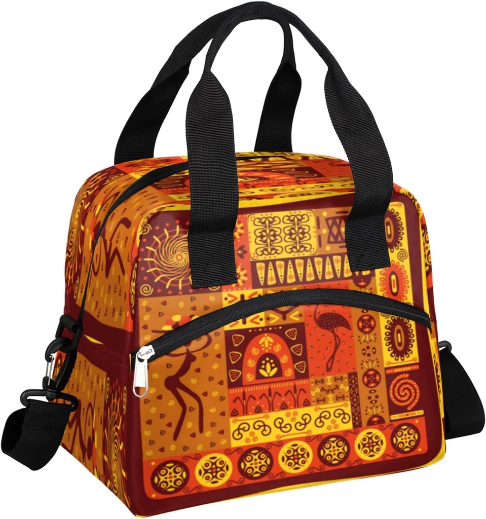 Boho Africa Insulated Lunch Bag for Women Teen Girls Orange Ethnic Large Cooler Thermal Lunch Box Durable Leakproof Tote Bag with Shoulder Strap for Work School Office Travel Meal Prep Bag