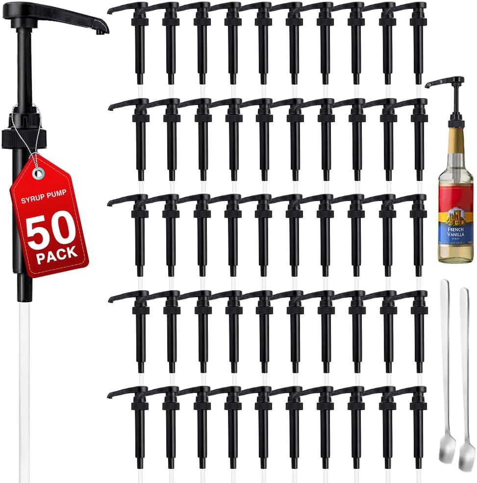 50 Packs Black Coffee Syrup Pump Dispenser, Compatible with 25.4 Oz/750ml Bottles, Great for Home & Coffee Bar Drinking Mixes, Tea, Beverage, Cocktails, Plus Spoons