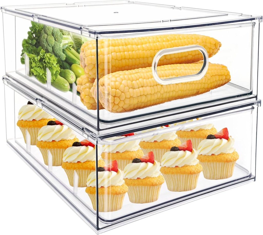 MANO 2Pack Clear Fridge Drawers Pull Out Stackable Refrigerator Drawer Organizer Bins Pantry Storage Box Plastic Food Containers for Kitchen Bathroom Office Closet (X-Large)