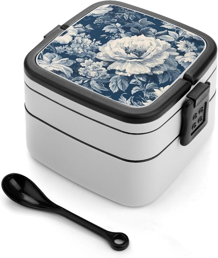 Bento Box Adult Lunch Box with Compartments Blue Floral Print Portable Lunchbox Large Size Bento Lunch Containers Double Layered Lunch Box for Work Picnic Travel