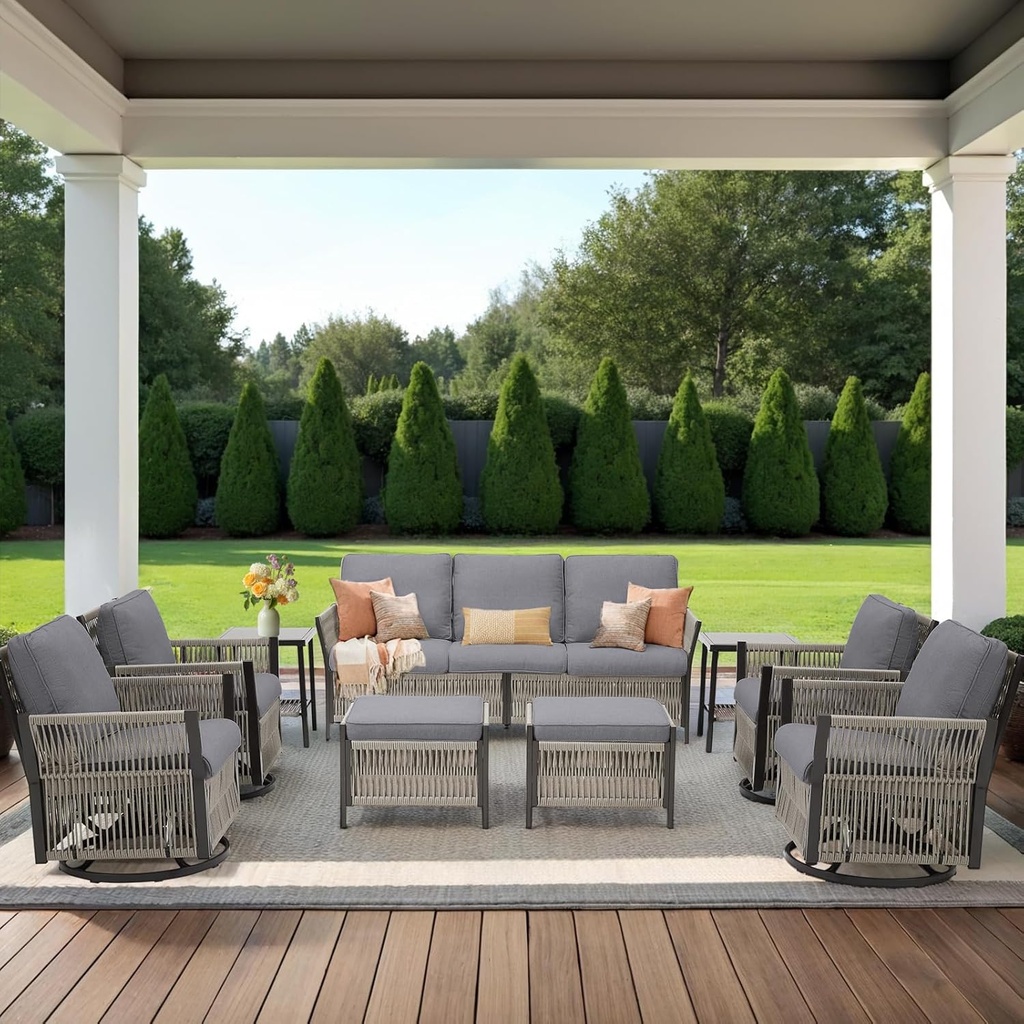 Patio Furniture Wicker Rope Outdoor Conversation Set, 9-Piece All Weather Patio Furniture Rattan Swivel Rocking Chairs w/ Ottomans, Side Table for Backyard, Balcony, Deck, Beige Wicker/Grey Cushions