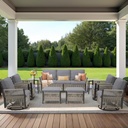 Patio Furniture Wicker Rope Outdoor Conversation Set, 9-Piece All Weather Patio Furniture Rattan Swivel Rocking Chairs w/ Ottomans, Side Table for Backyard, Balcony, Deck, Beige Wicker/Grey Cushions