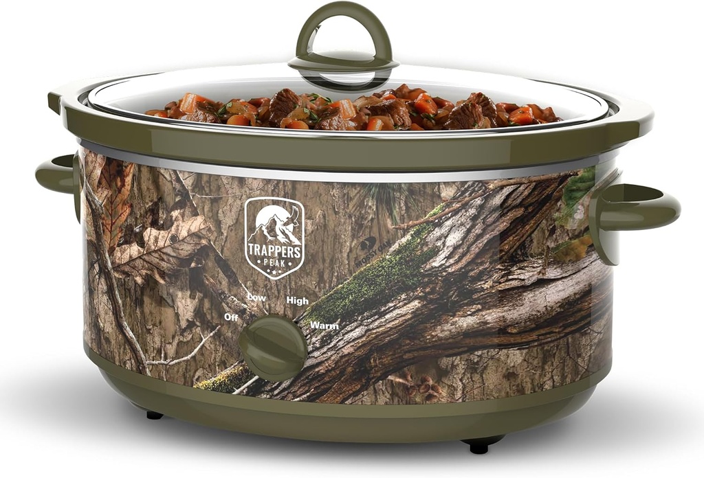Trapper's Peak 7 Quart Oval Slow Cooker Pot with Heat Settings for Kitchen Appliances, Counter Top Use and Cooking, Camo Green