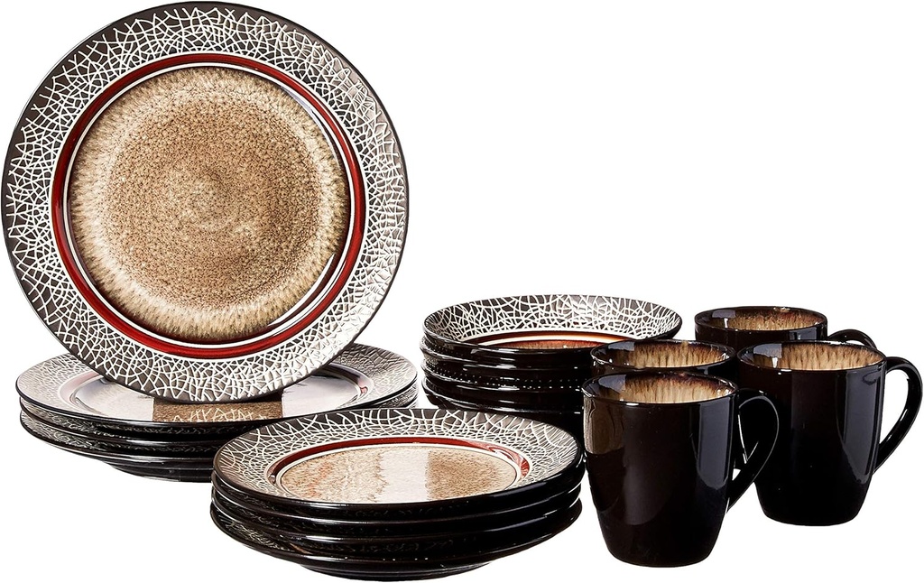 American Atelier Markham Square Casual Round Dinnerware Set – 16-Piece Stoneware Dinner Party Collection w/ 4 Dinner Plates, 4 Salad Plates, 4 Bowls & 4 Mugs – Unique Gift Idea, Brown, 11x11x4"