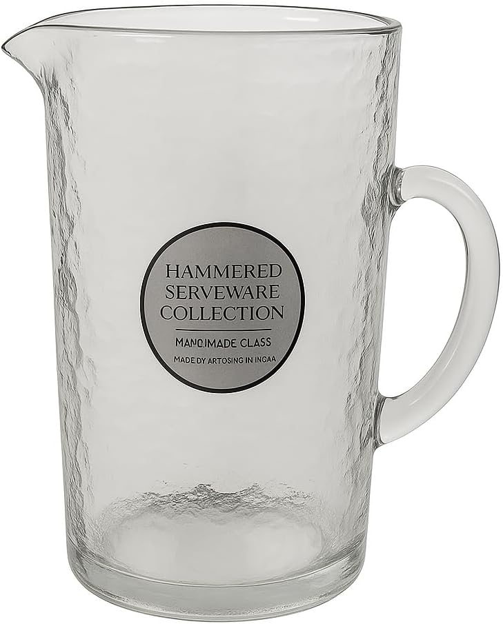 Hammered Glass Pitcher with Handle – 60 oz Clear Water Jug for Serving Iced Beverages, Tea, Juice, Lemonade – Handmade Serveware for Parties, Events & Home Kitchen