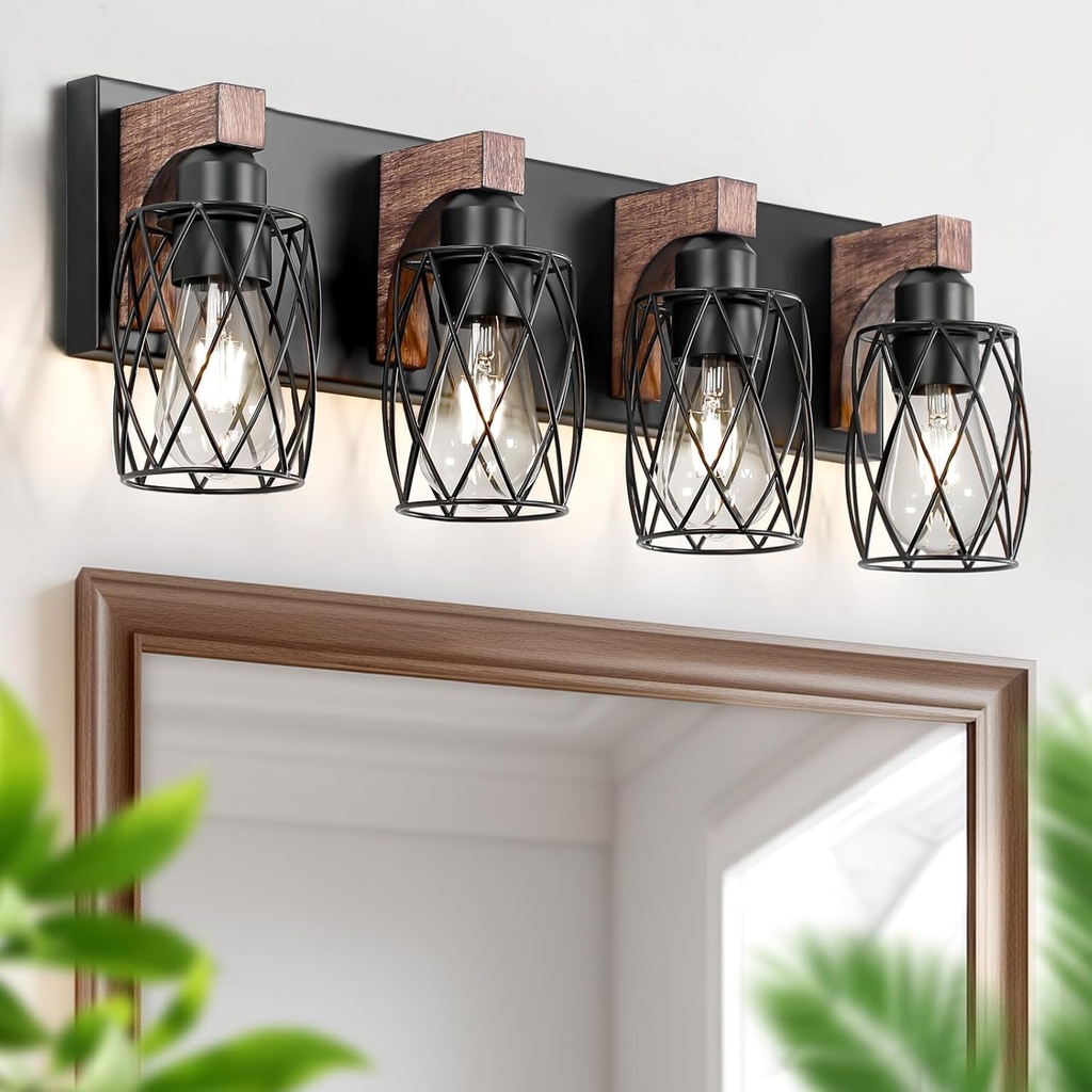 Farmhouse Bathroom Vanity Light, 4 Light Bathroom Light Fixtures, Rustic-Industrial Sconces Wall Lighting with Elegant Metal Lampshade for Bathroom, Hallway