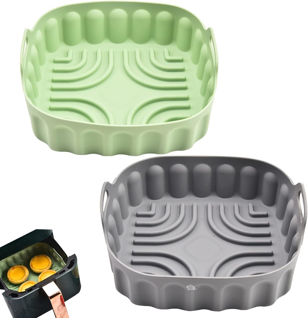 2-Pack Square Air Fryer Silicone Pot, A safe and non Stick Air Fryer,Reusable Baking Tray And Oven Accessories;Suitable For 4QT -8QT Air Fryers (Gray+Green)