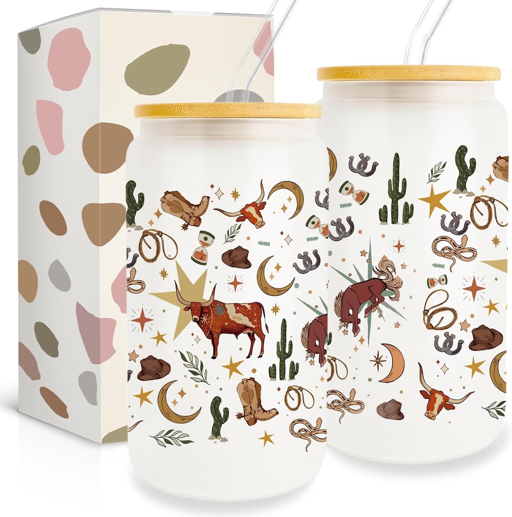 Pink Cow Girl Gifts For Women, 16oz Can Glass Cup With Lid And Straw