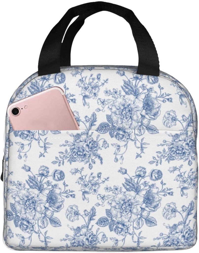 Floral light blue and white Flowers Insulated Lunch Bag Women Men Adult Lunch Box Tote Bags Cooler Bag Portable Bento Box Lunchbox for Adults Lunch Boxes for Work Office Picnic Outdoor